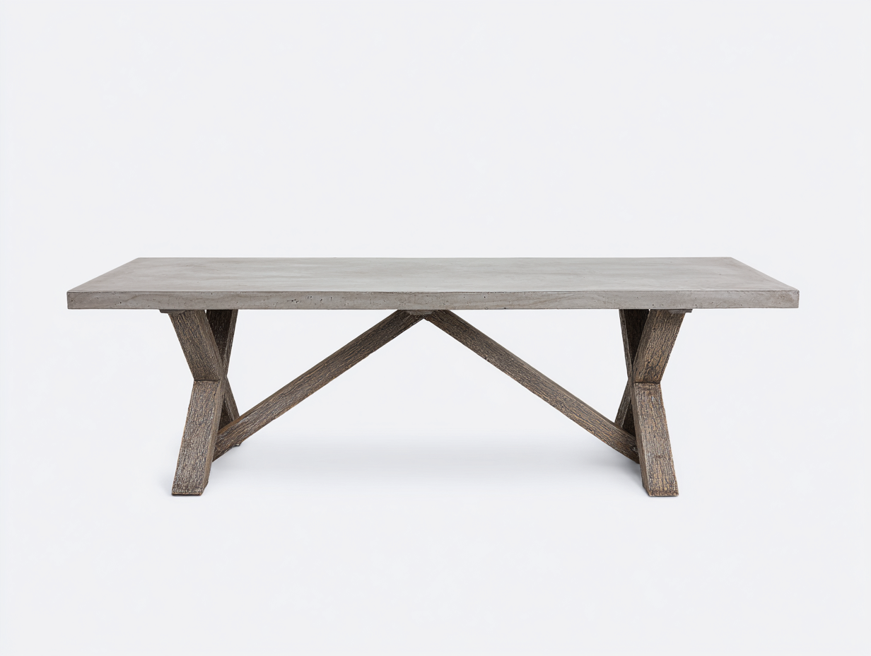 Mesa de comedor rectangular de hormigón y madera 210×95×75 cm – gris claro/marrón nogal – base diagonal de diseño industrial para comedor-Doluxystudio