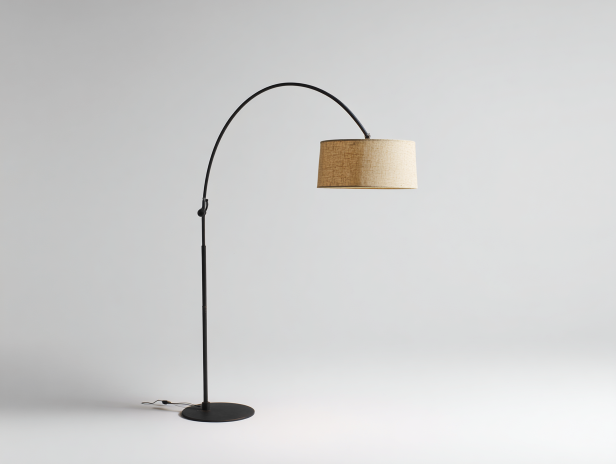 Lámpara de pie de arco de metal y tejido 150×42×190 cm - negro/beige - pantalla cilíndrica para sala de estar-Doluxystudio