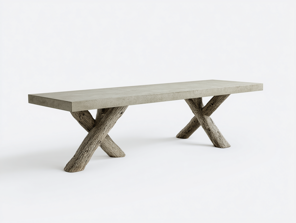 Mesa de comedor de hormigón y madera 225×100×76 cm – gris piedra/madera envejecida – estructura cruzada rústica-Doluxystudio