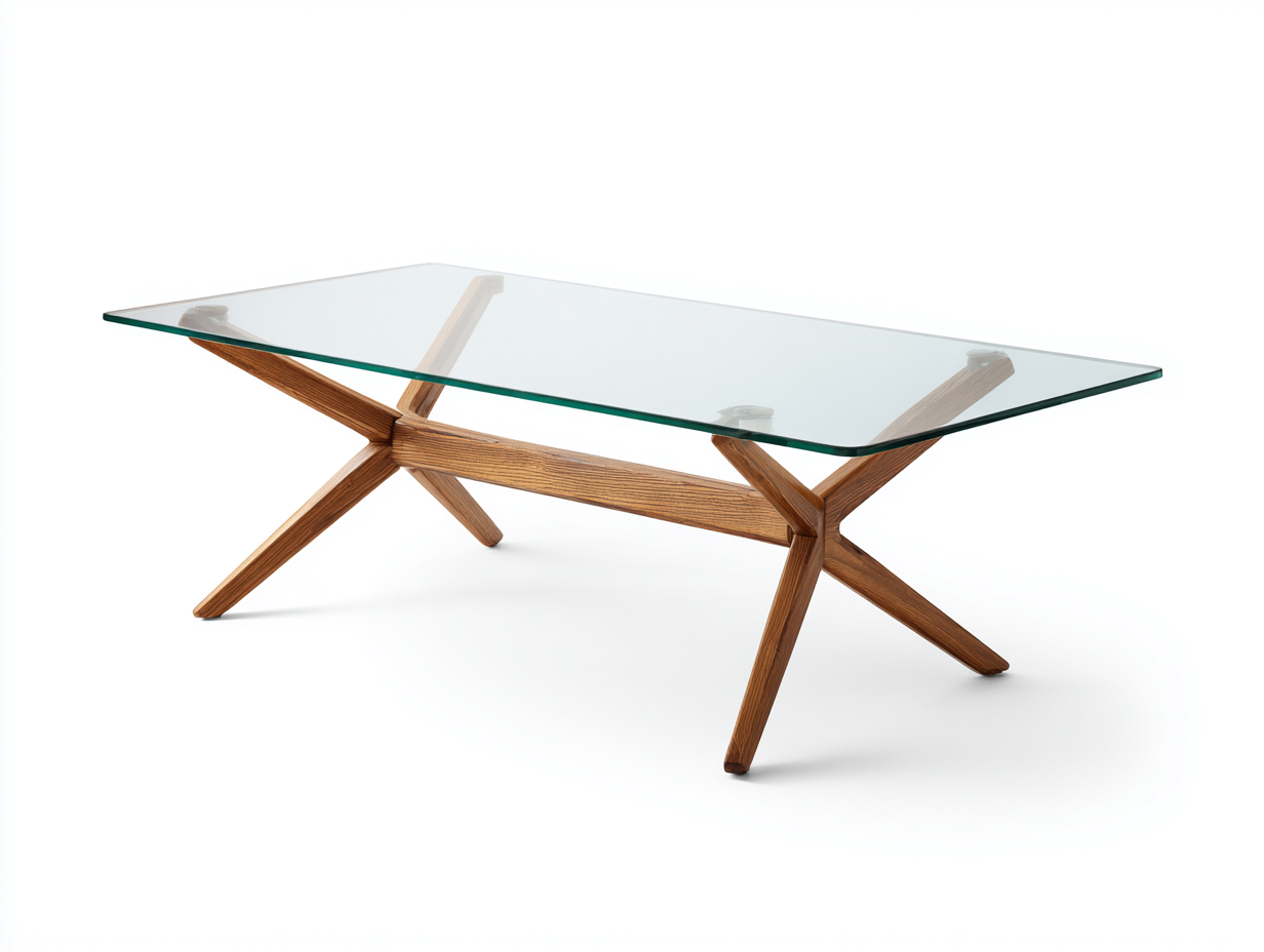 Mesa de centro de vidrio y madera 120×60×45 cm – transparente/marrón nogal – base cruzada para sala de estar-Doluxystudio