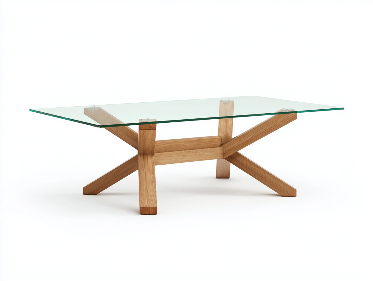 Mesa de centro de cristal 125×72×44 cm – transparente/madera natural – estructura geométrica cruzada para sala de estar-Doluxystudio