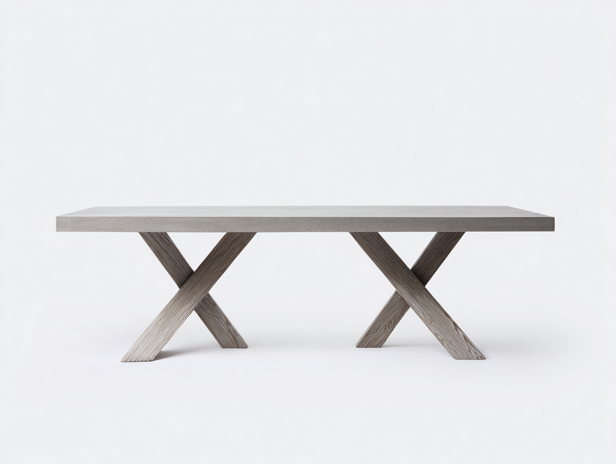 Mesa de comedor rectangular de hormigón 215×95×75 cm – gris claro/madera gris – base cruzada contemporánea-Doluxystudio