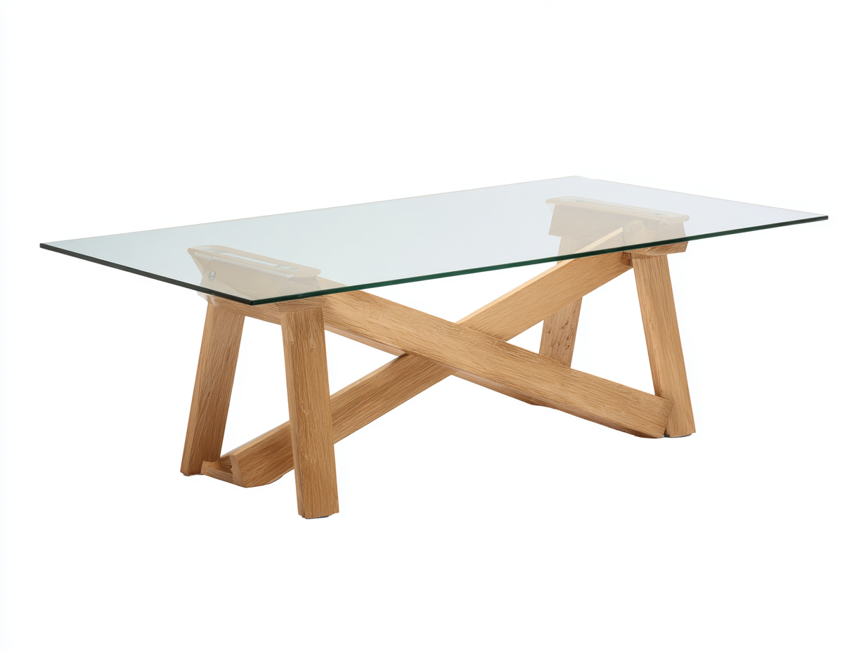 Mesa de centro de vidrio y madera de roble 125×68×44 cm - transparente/madera natural - estructura cruzada para sala de estar-Doluxystudio