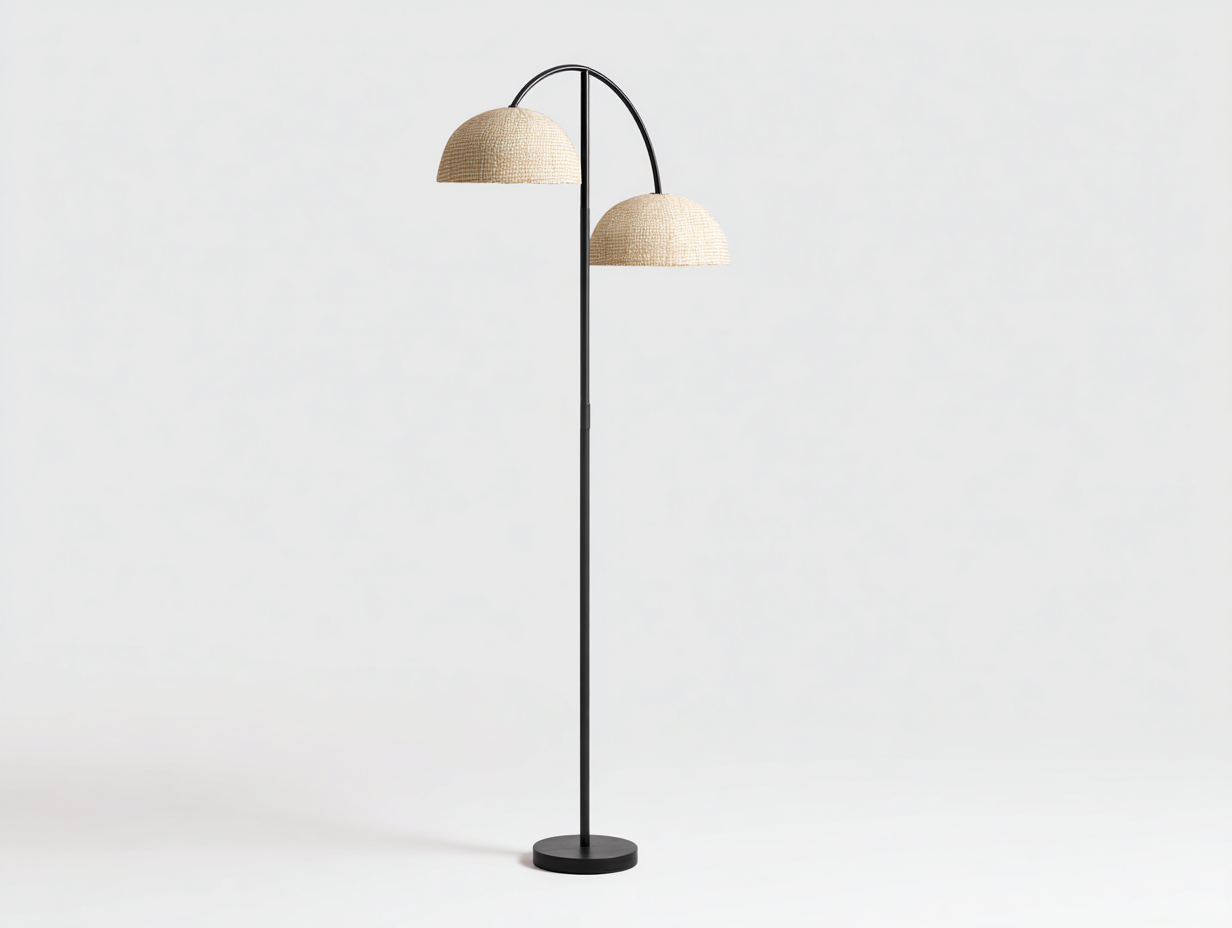 Lámpara de pie de metal y fibra trenzada 78×38×175 cm - negro/beige natural - doble arco para sala de estar-Doluxystudio