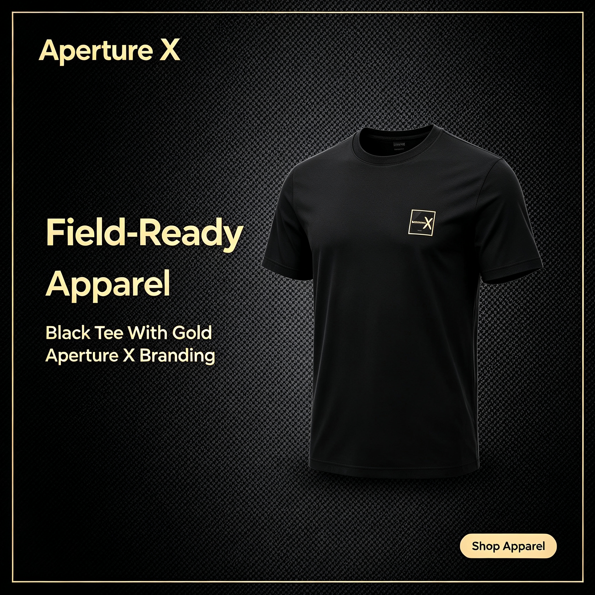 ApertureX Unisex Black T-shirt with Gold Chest Logo for Photographers