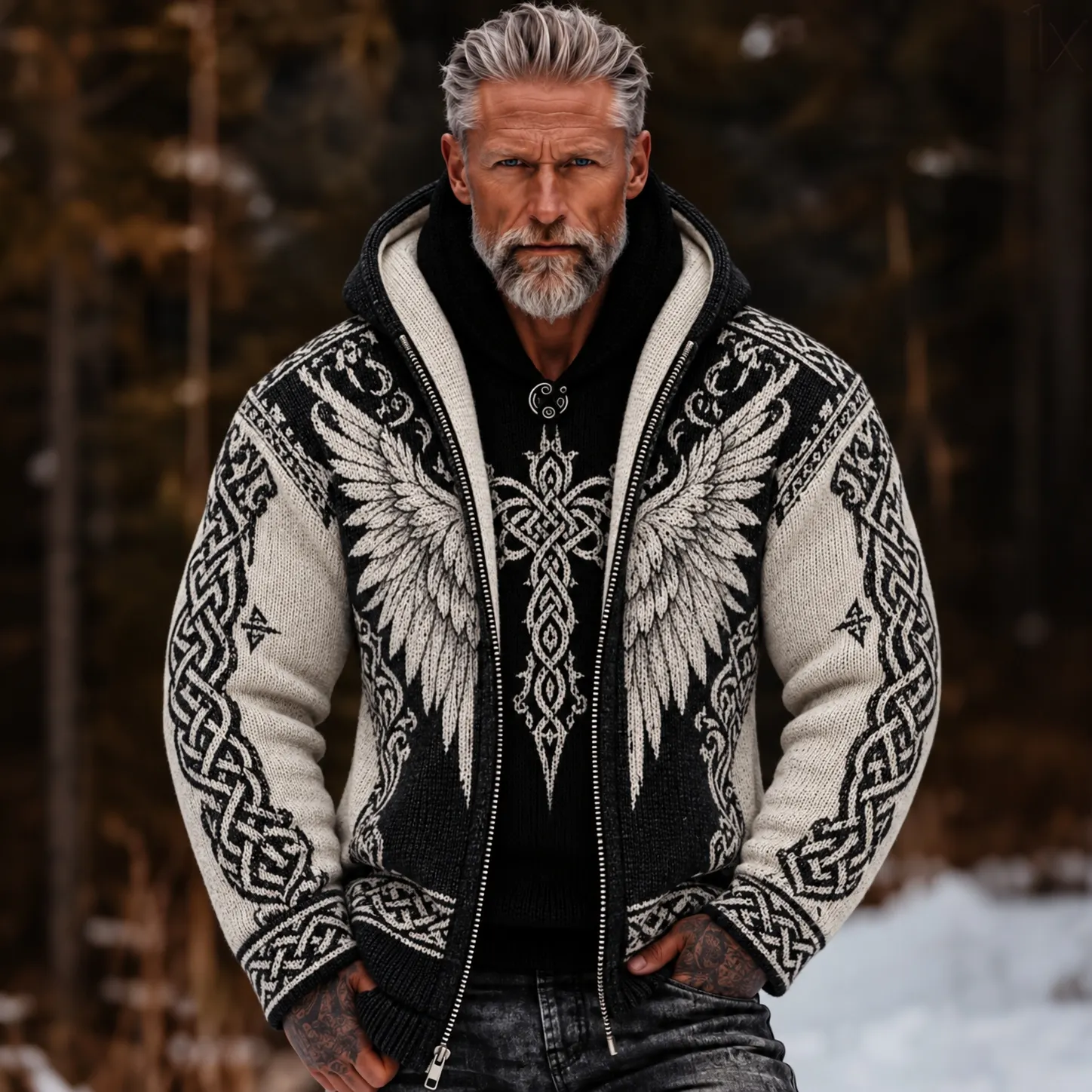 Men's Vintage Viking Wing Celtic Knot Cozy Warm Knitted Jacquard Zipper ...