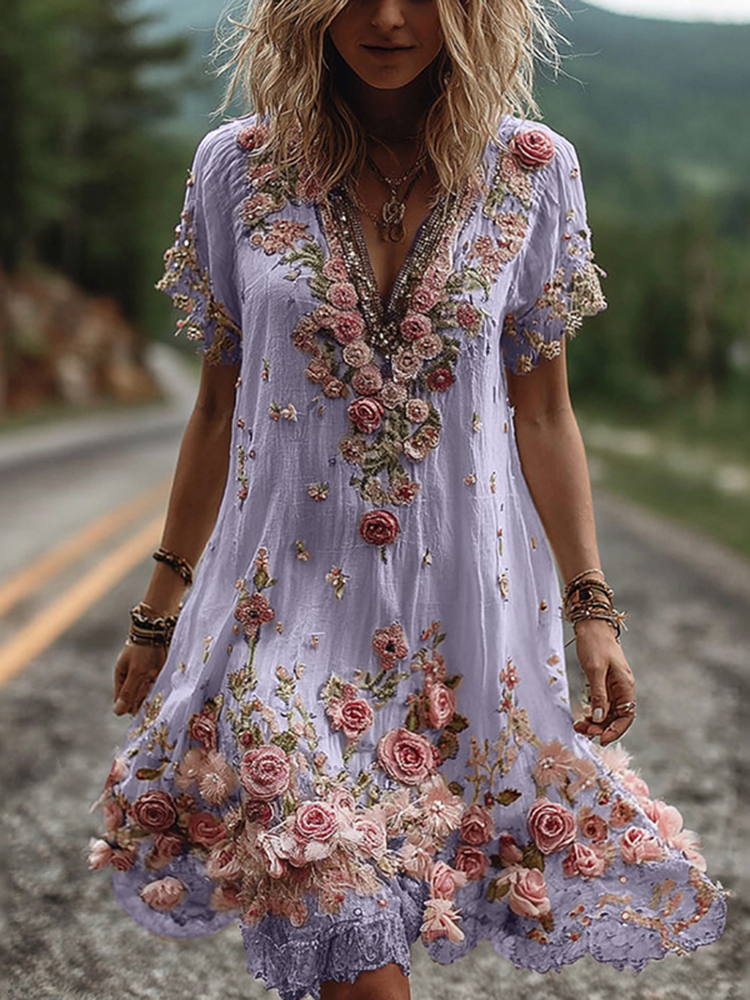 Vintage Floral Embroidery Short-sleeved Dress