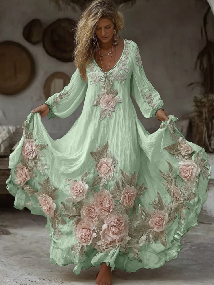 Women's Vintage Pink Floral Embroidery Art Comfy Linen Maxi Dress