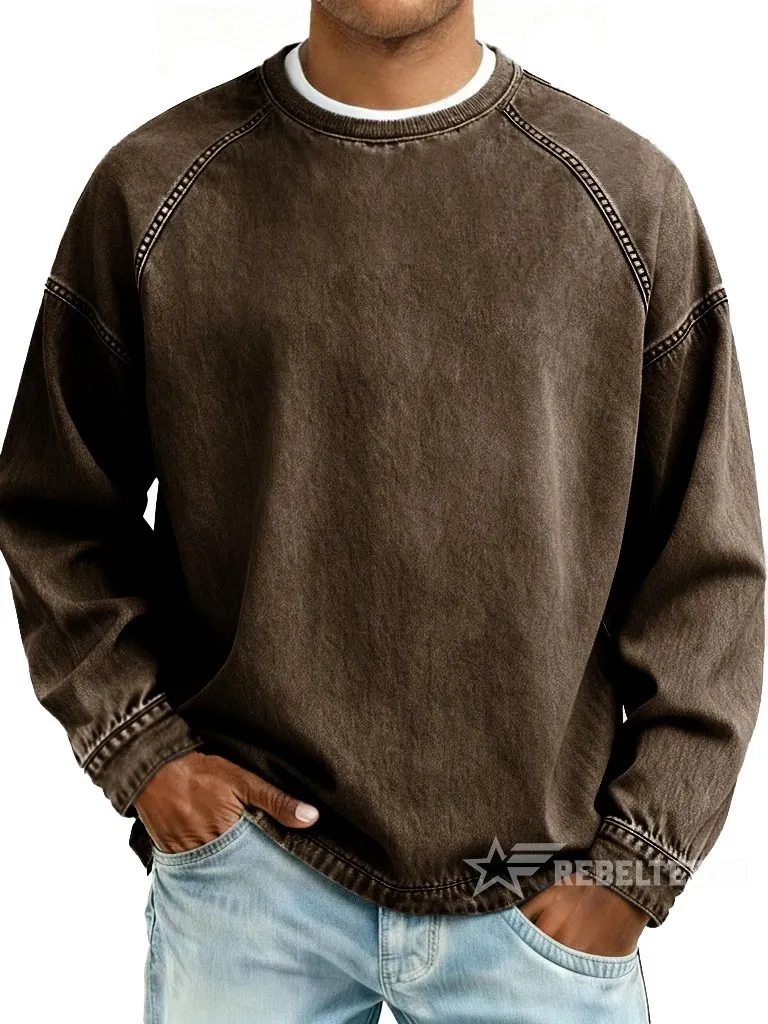 Men‘s Vintage American Style Distressed Washed Pure Cotton Round Neck Long-Sleeved Sweatshirt