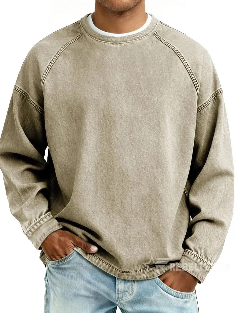 Men‘s Vintage American Style Distressed Washed Pure Cotton Round Neck Long-Sleeved Sweatshirt