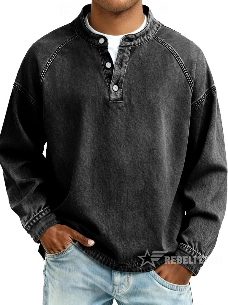 Men‘s Vintage American Style Distressed Washed Pure Cotton Henley Neck Long-Sleeved Top