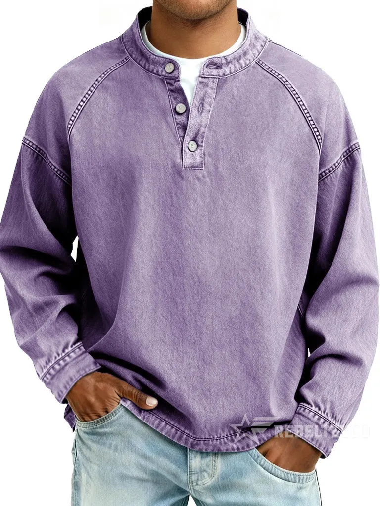 Men‘s Vintage American Style Distressed Washed Pure Cotton Henley Neck Long-Sleeved Top