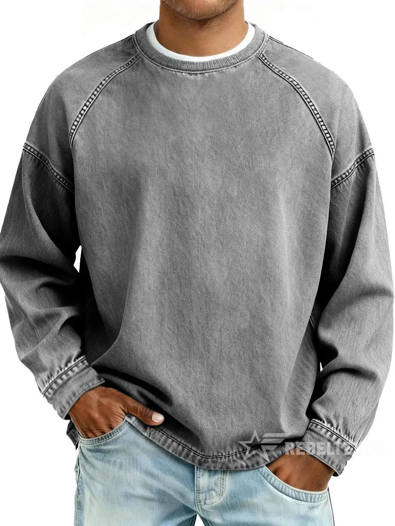 Men‘s Vintage American Style Distressed Washed Pure Cotton Round Neck Long-Sleeved Sweatshirt