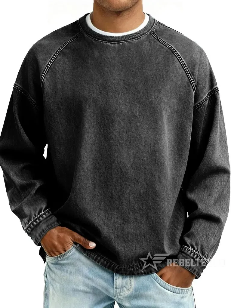Men‘s Vintage American Style Distressed Washed Pure Cotton Round Neck Long-Sleeved Sweatshirt