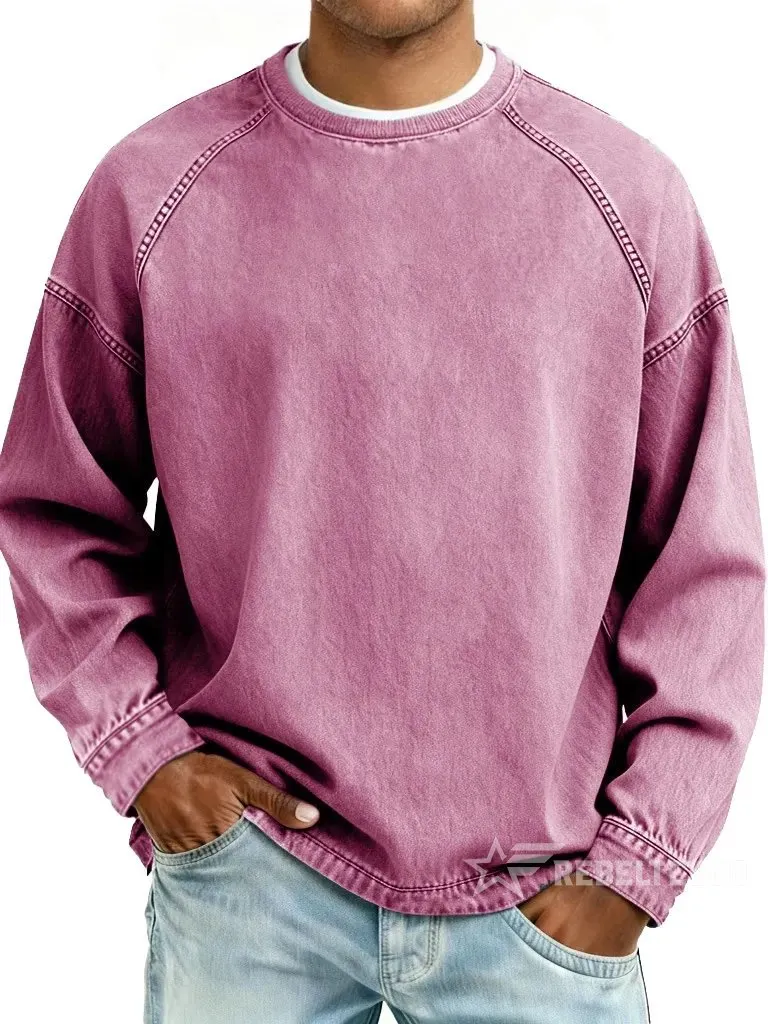 Men‘s Vintage American Style Distressed Washed Pure Cotton Round Neck Long-Sleeved Sweatshirt
