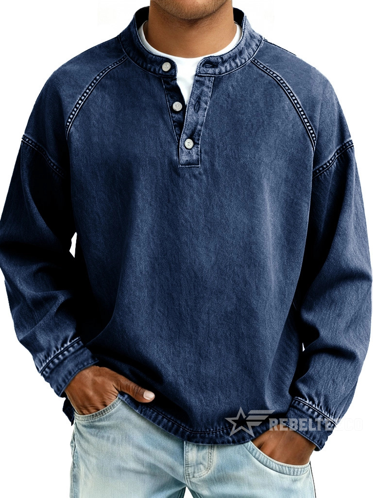 Men‘s Vintage American Style Distressed Washed Pure Cotton Henley Neck ...