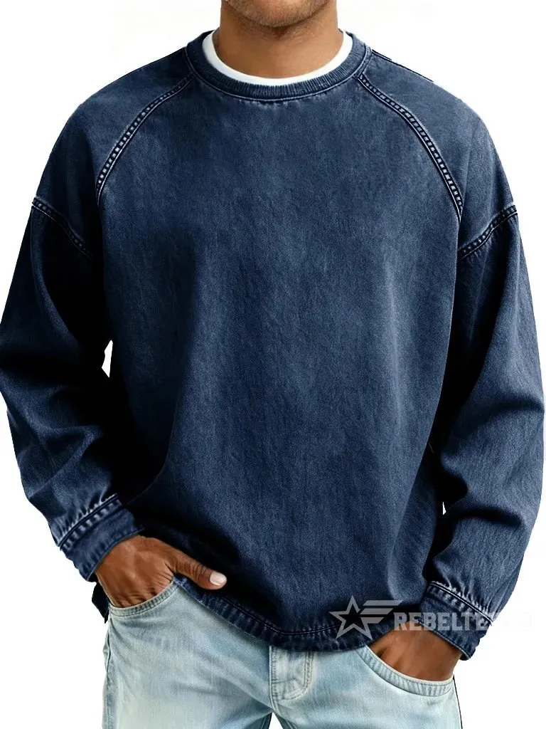 Men‘s Vintage American Style Distressed Washed Pure Cotton Round Neck Long-Sleeved Sweatshirt