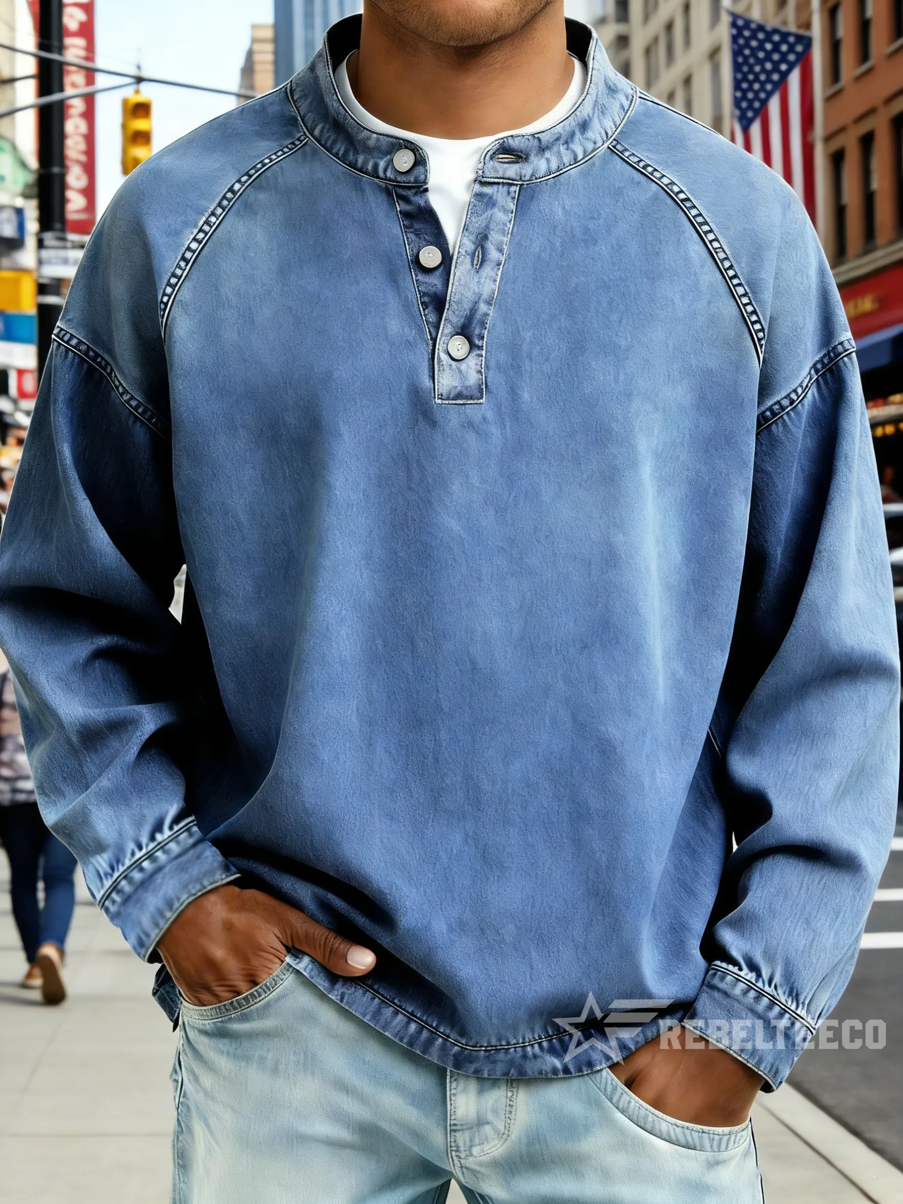 Men‘s Vintage American Style Distressed Washed Pure Cotton Henley Neck Long-Sleeved Top