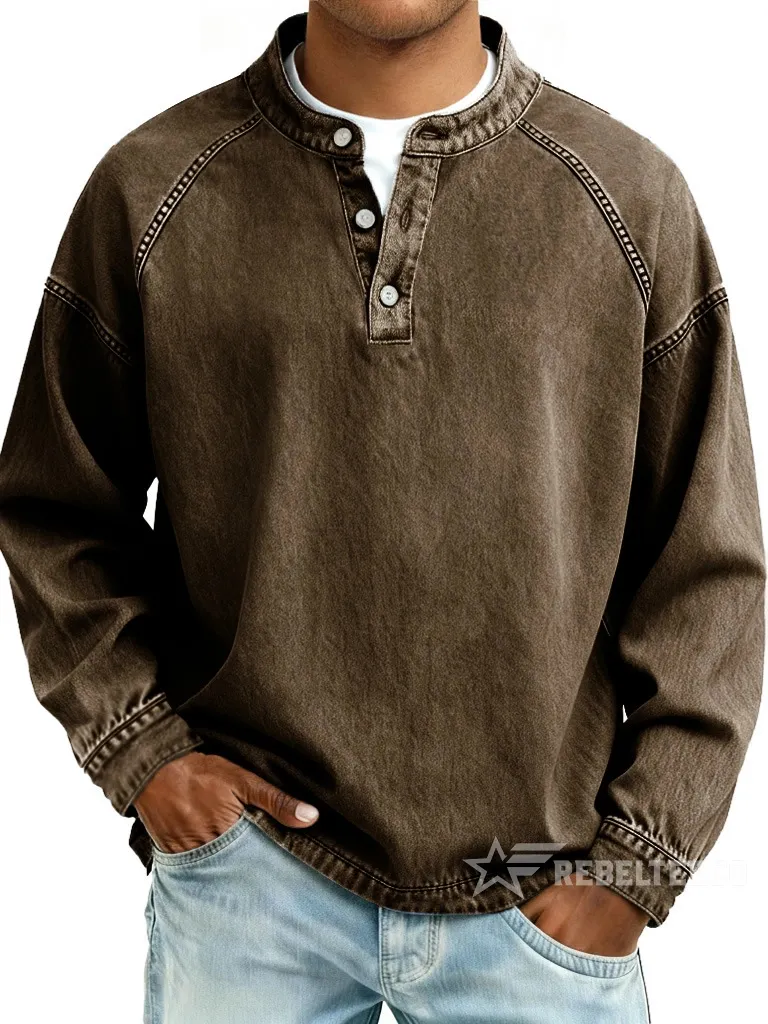 Men‘s Vintage American Style Distressed Washed Pure Cotton Henley Neck Long-Sleeved Top
