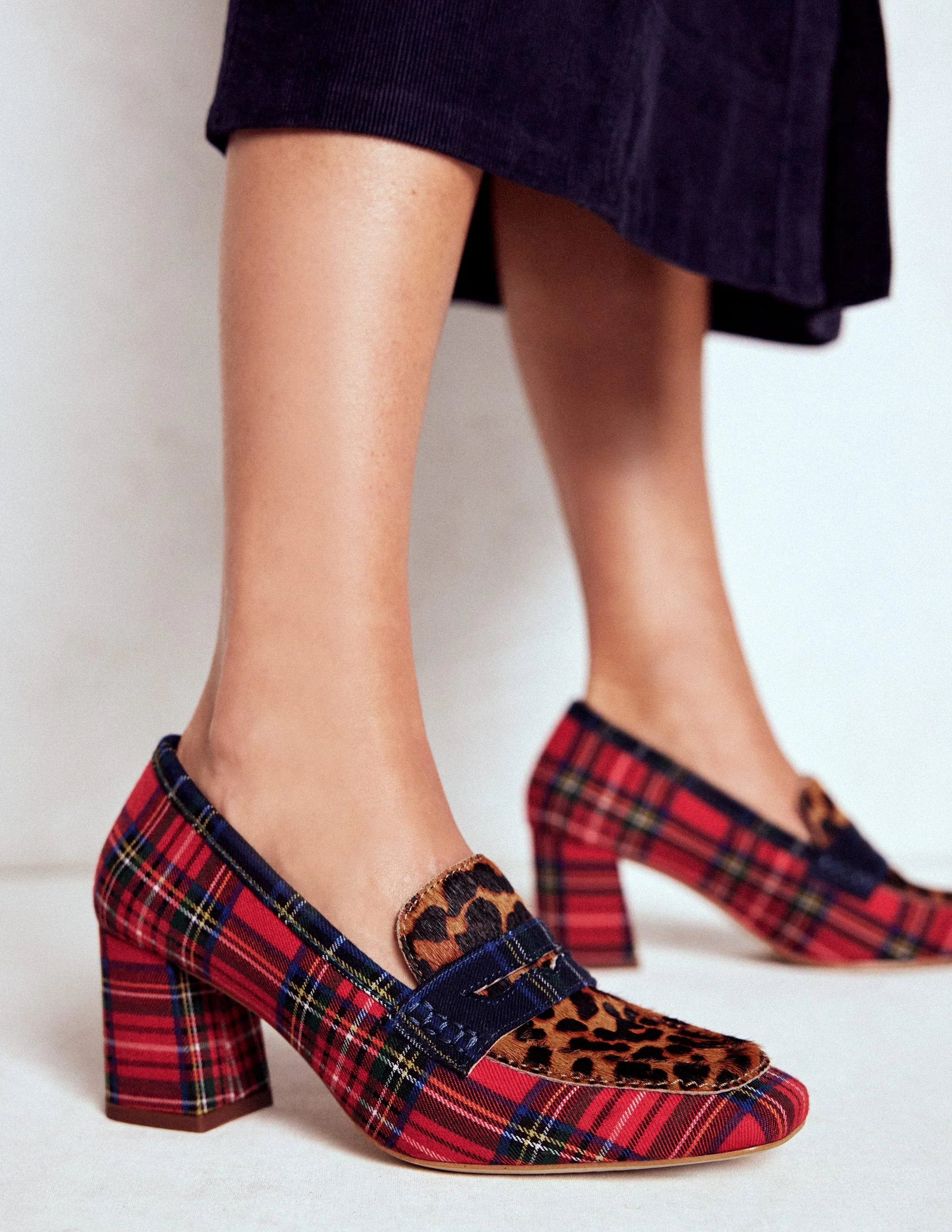 Block Heeled Loafers-Tartan Check