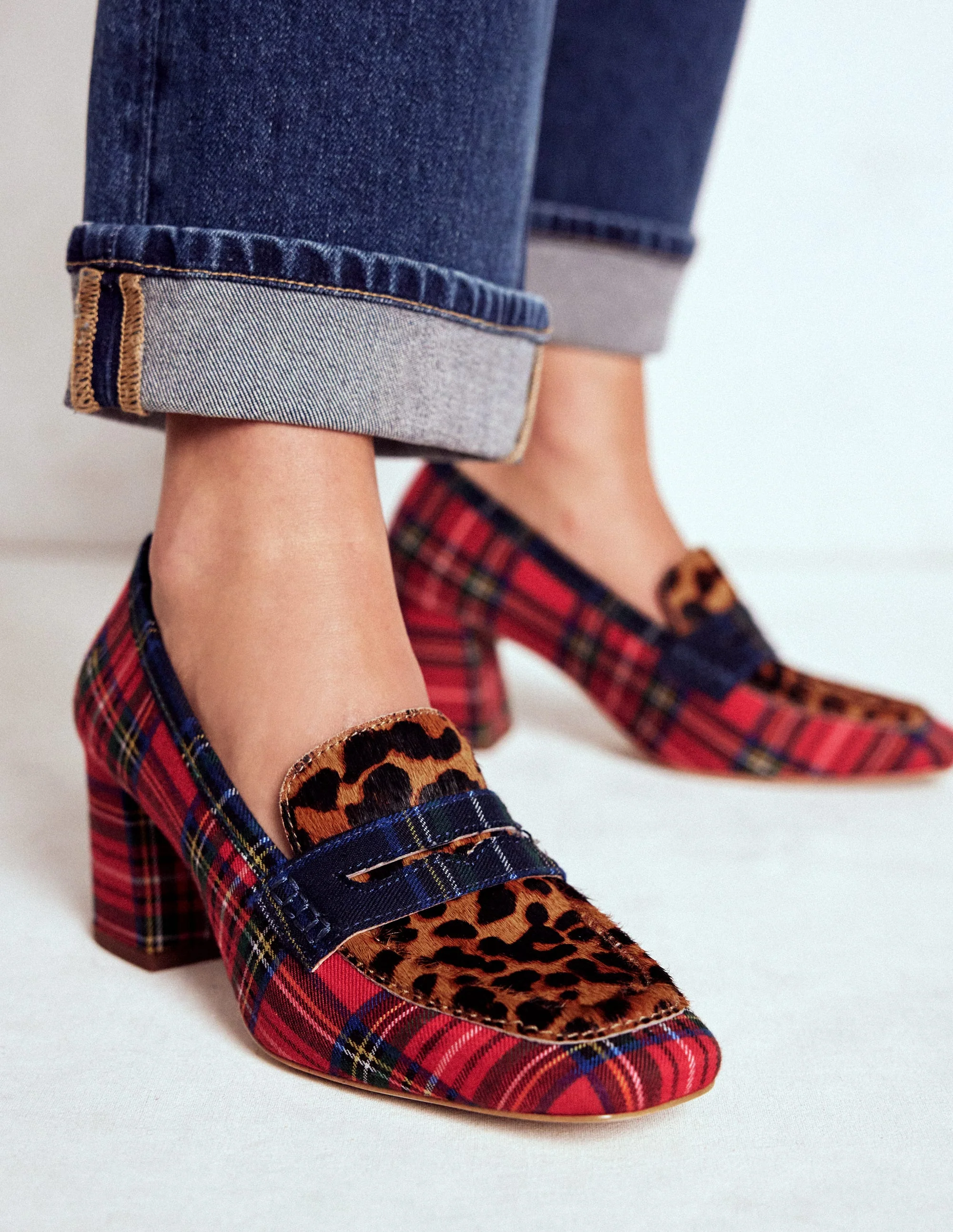 Block Heeled Loafers-Tartan Check
