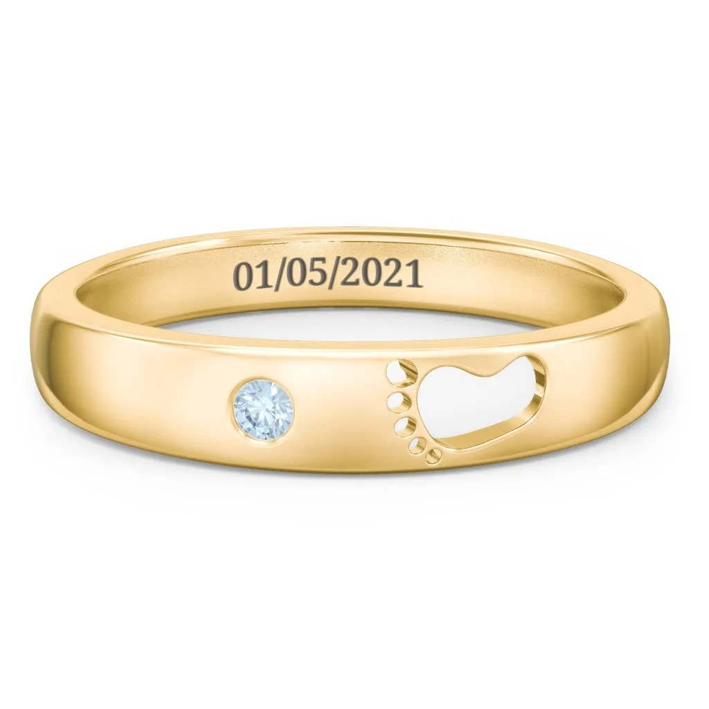 Baby Feet Engraved Ring with Birthstone New Mom Keepsake Jewelry