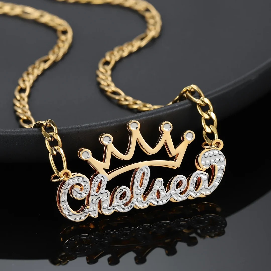 Crown Name Necklace with Figaro Chain