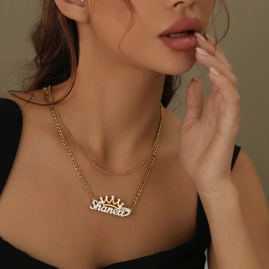 Crown Name Necklace with Figaro Chain