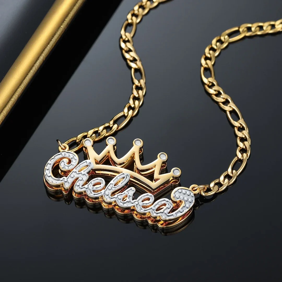 Crown Name Necklace with Figaro Chain