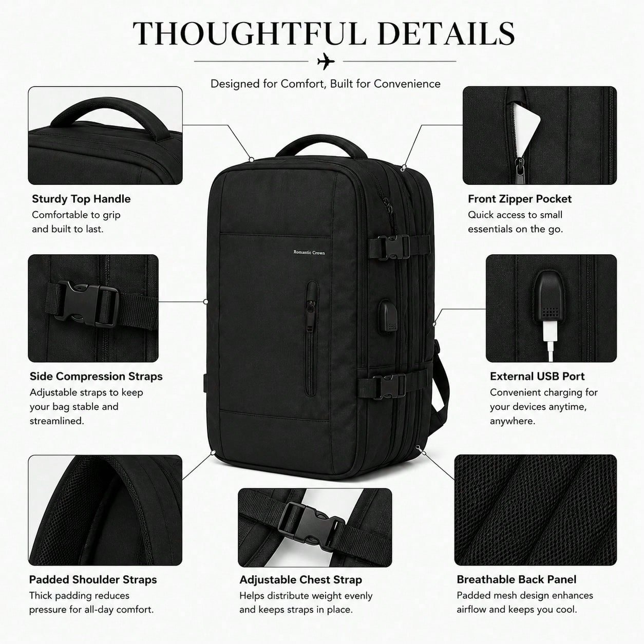 LUMSUME Practical Laptop Travel Backpack - Black