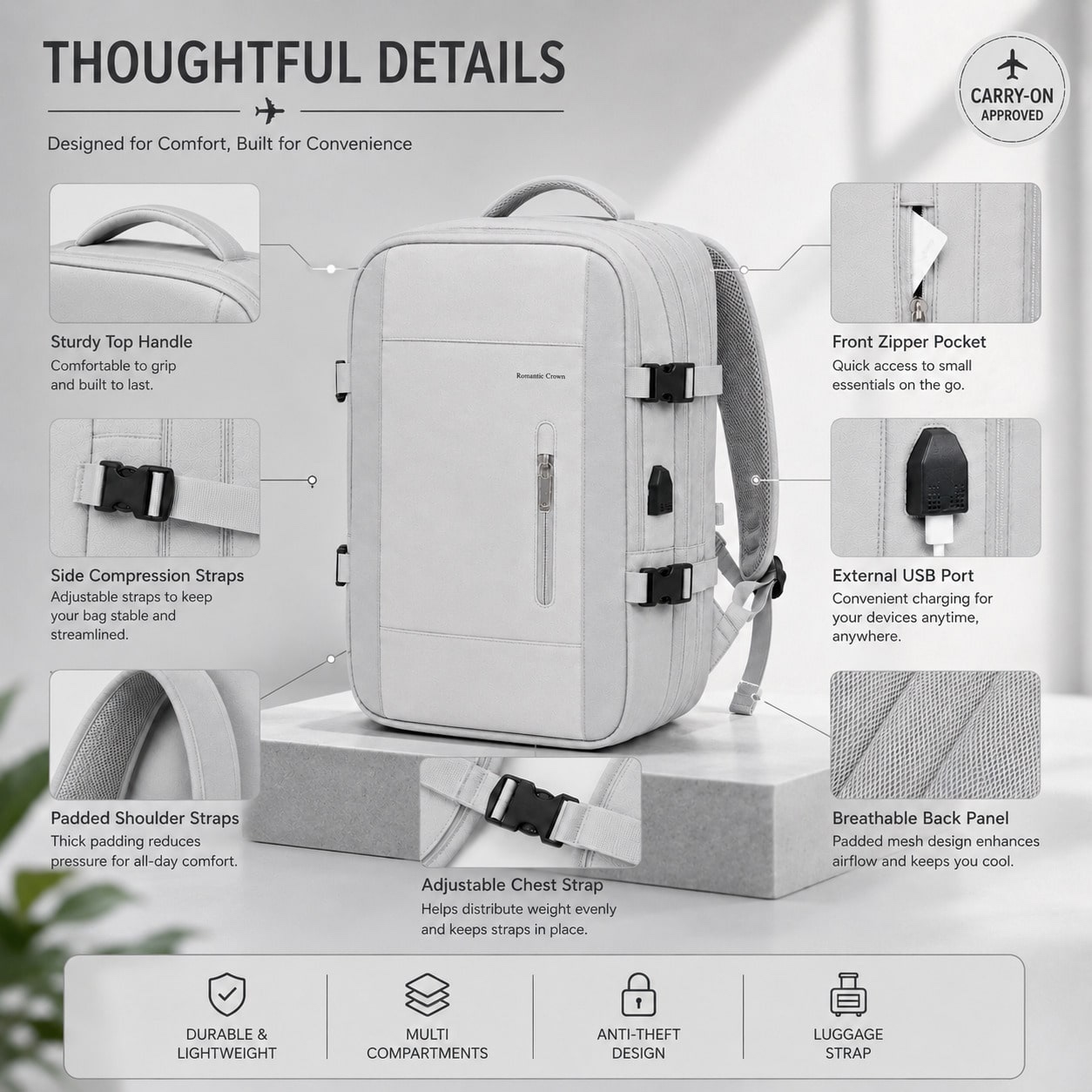 LUMSUME Practical Laptop Travel Backpack - Light Grey