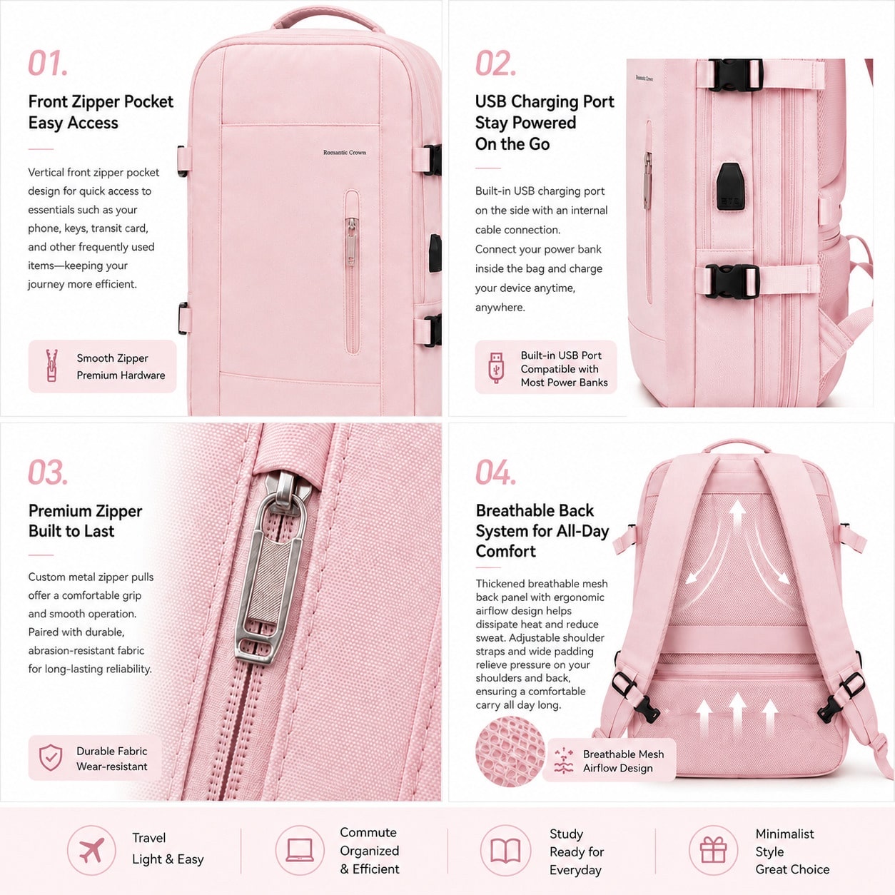 LUMSUME Practical Laptop Travel Backpack - Pink
