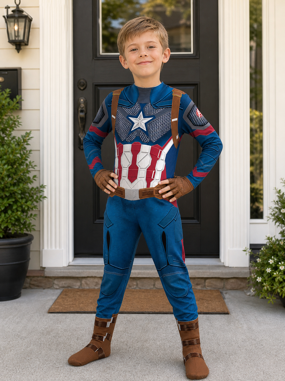 Captain Hero Cosplay Costume, Kids & Adults American Superhero Zentai Bodysuit, Halloween Jumpsuit, Patriotic Superhero Birthday Outfit