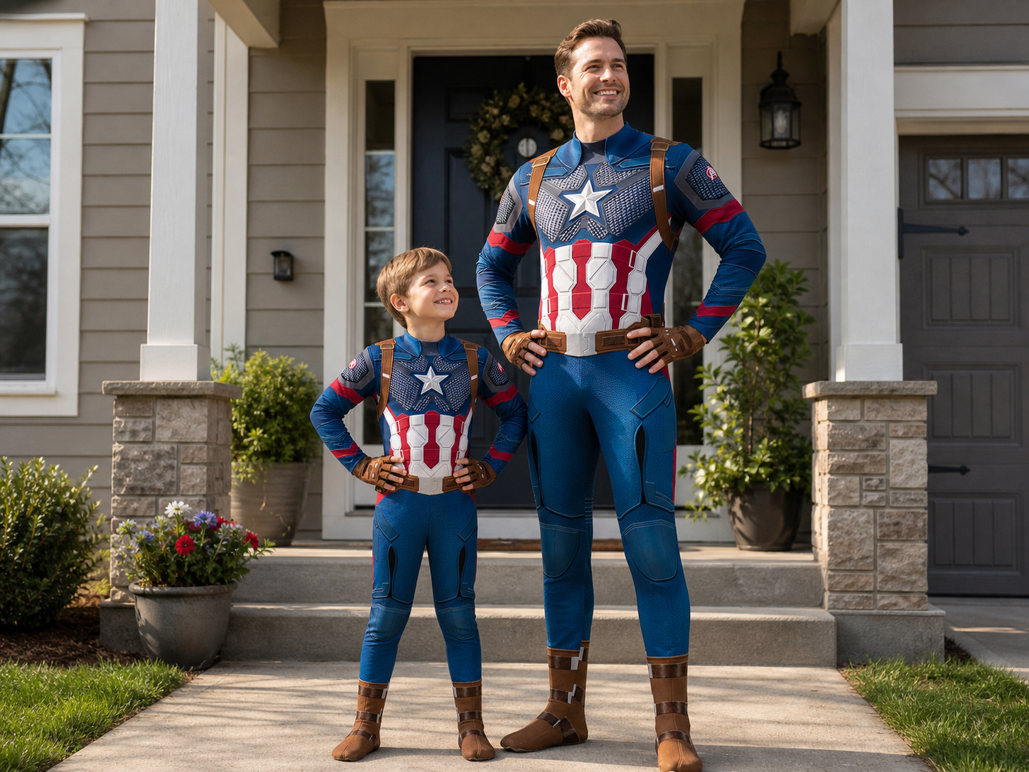 Captain Hero Cosplay Costume, Kids & Adults American Superhero Zentai Bodysuit, Halloween Jumpsuit, Patriotic Superhero Birthday Outfit