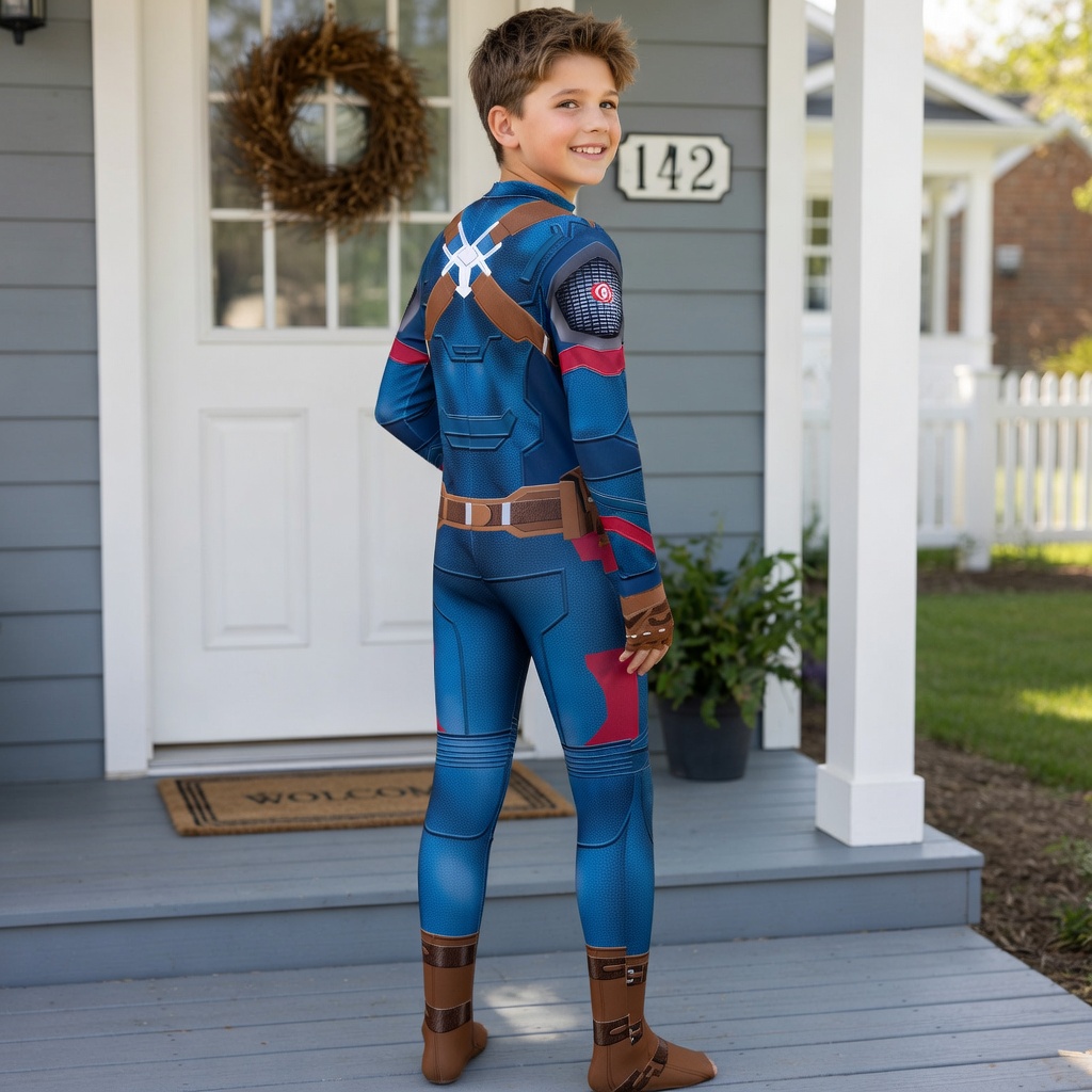 Captain Hero Cosplay Costume, Kids & Adults American Superhero Zentai Bodysuit, Halloween Jumpsuit, Patriotic Superhero Birthday Outfit