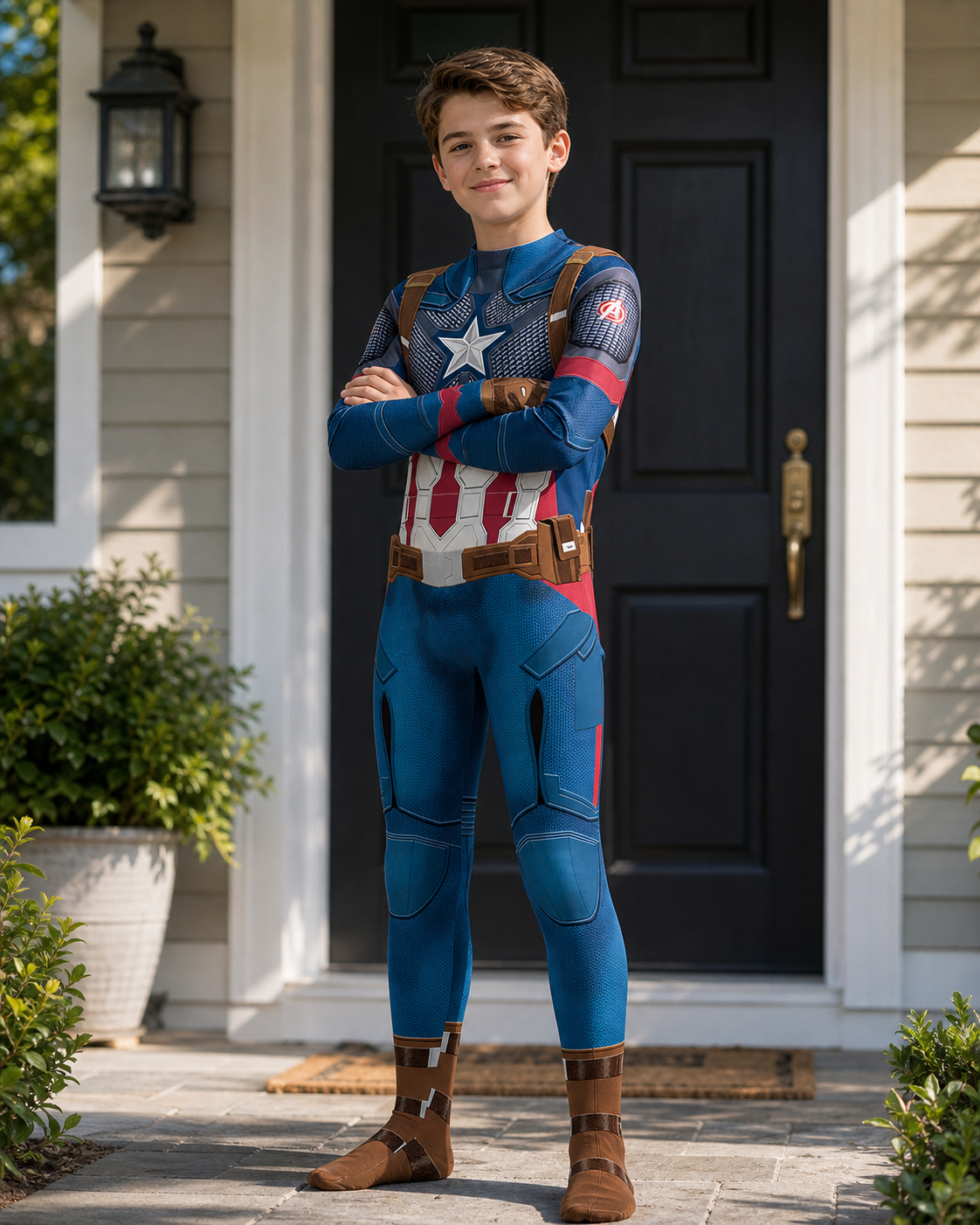 Captain Hero Cosplay Costume, Kids & Adults American Superhero Zentai Bodysuit, Halloween Jumpsuit, Patriotic Superhero Birthday Outfit