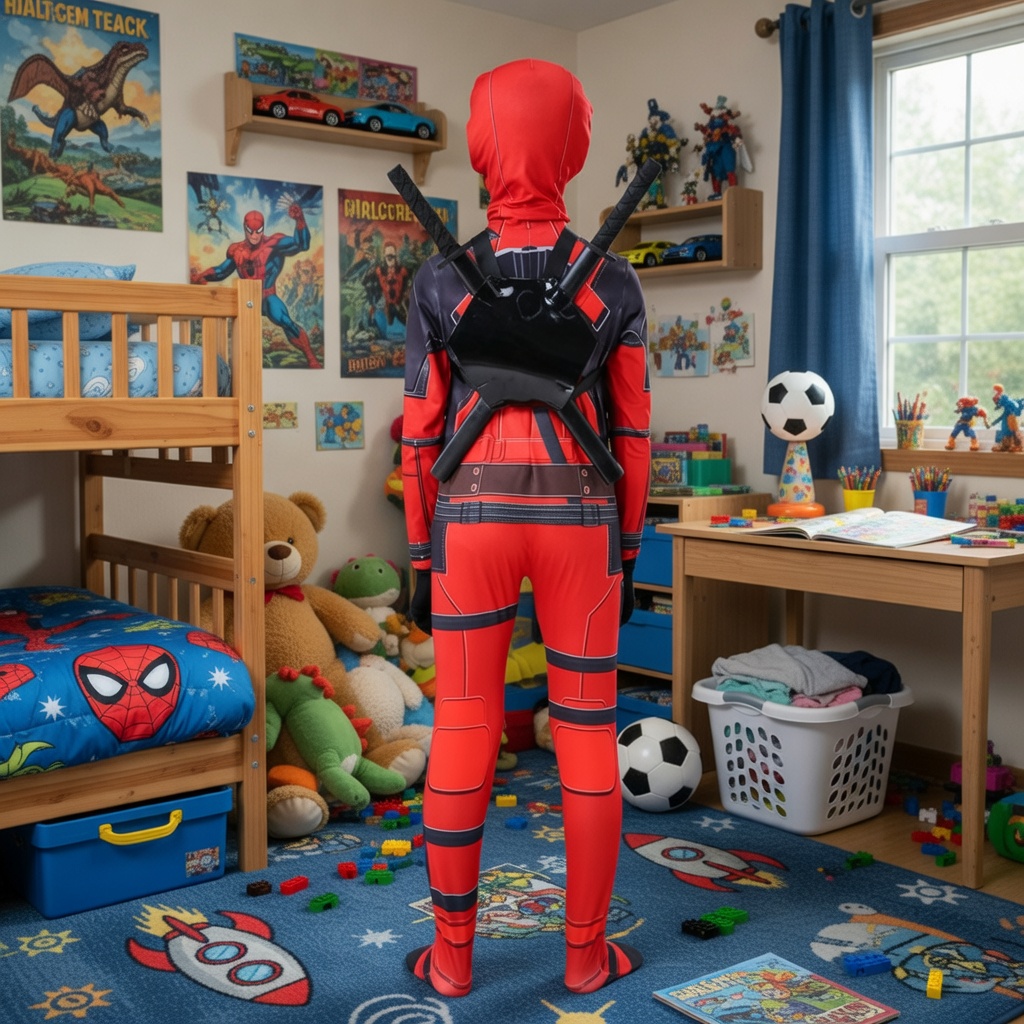 DeadpoolCostume Adult Kids|Full Body Jumpsuit Marvel Cosplay Suit|Halloween Bodysuit with Mask&Belt|Deadpool Outfit Set with Swords Backpack
