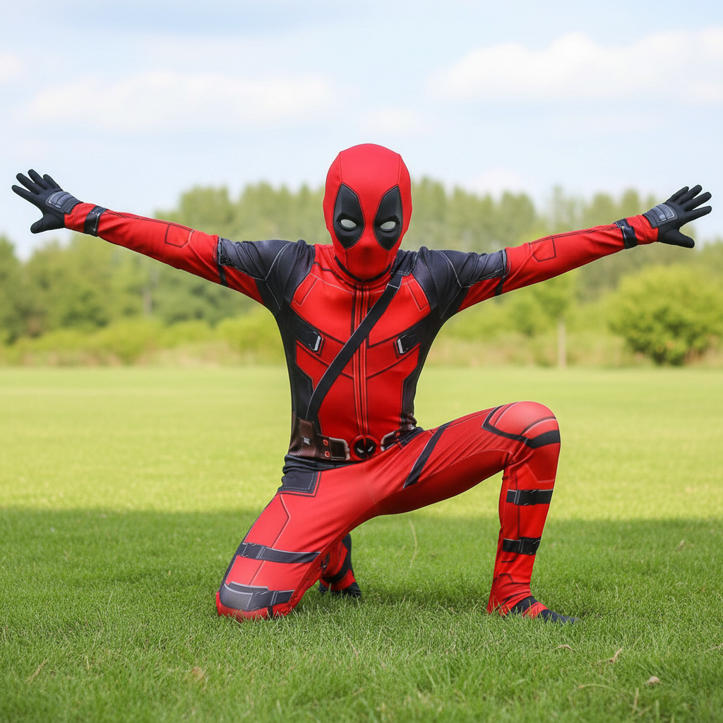 DeadpoolCostume Adult Kids|Full Body Jumpsuit Marvel Cosplay Suit|Halloween Bodysuit with Mask&Belt|Deadpool Outfit Set with Swords Backpack