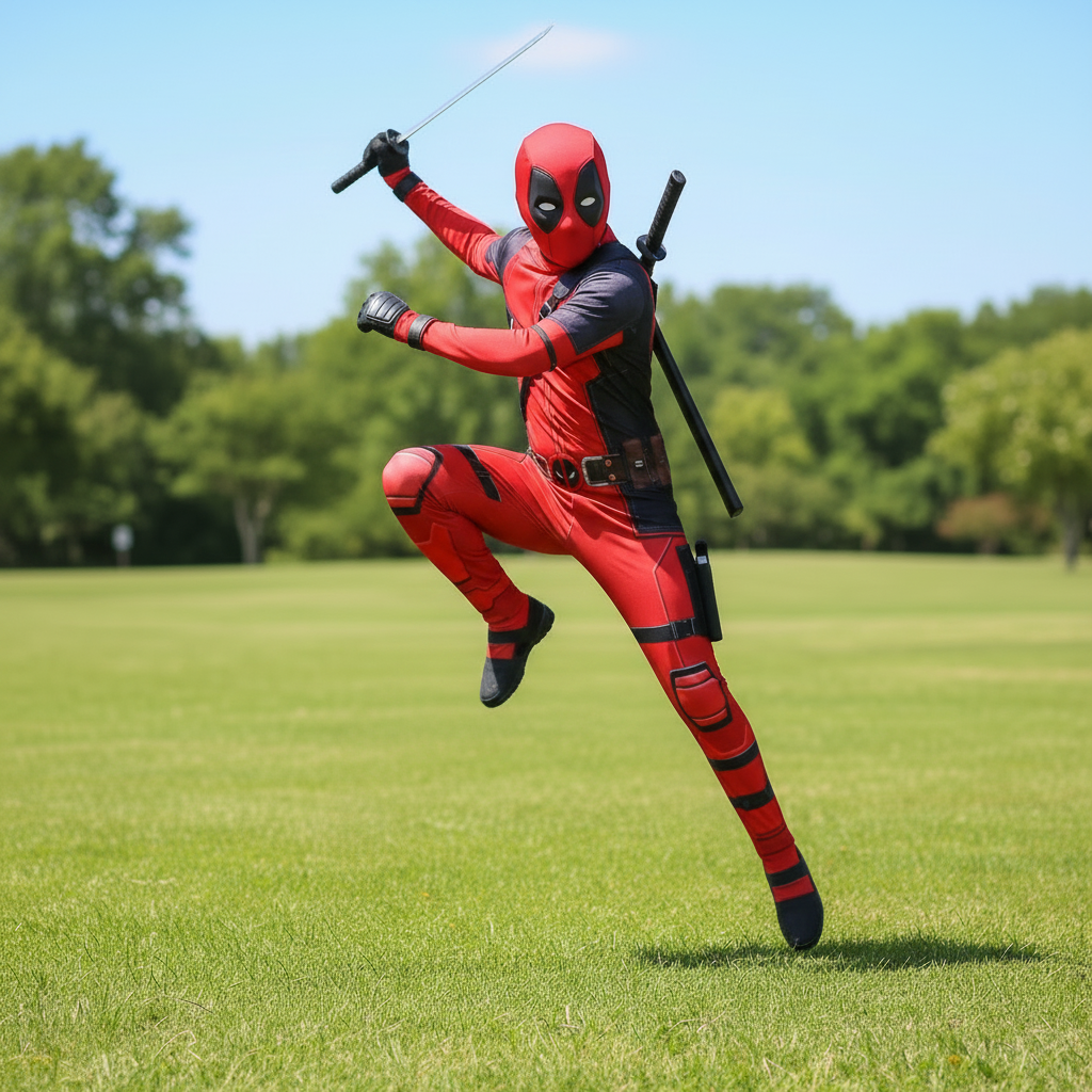 DeadpoolCostume Adult Kids|Full Body Jumpsuit Marvel Cosplay Suit|Halloween Bodysuit with Mask&Belt|Deadpool Outfit Set with Swords Backpack