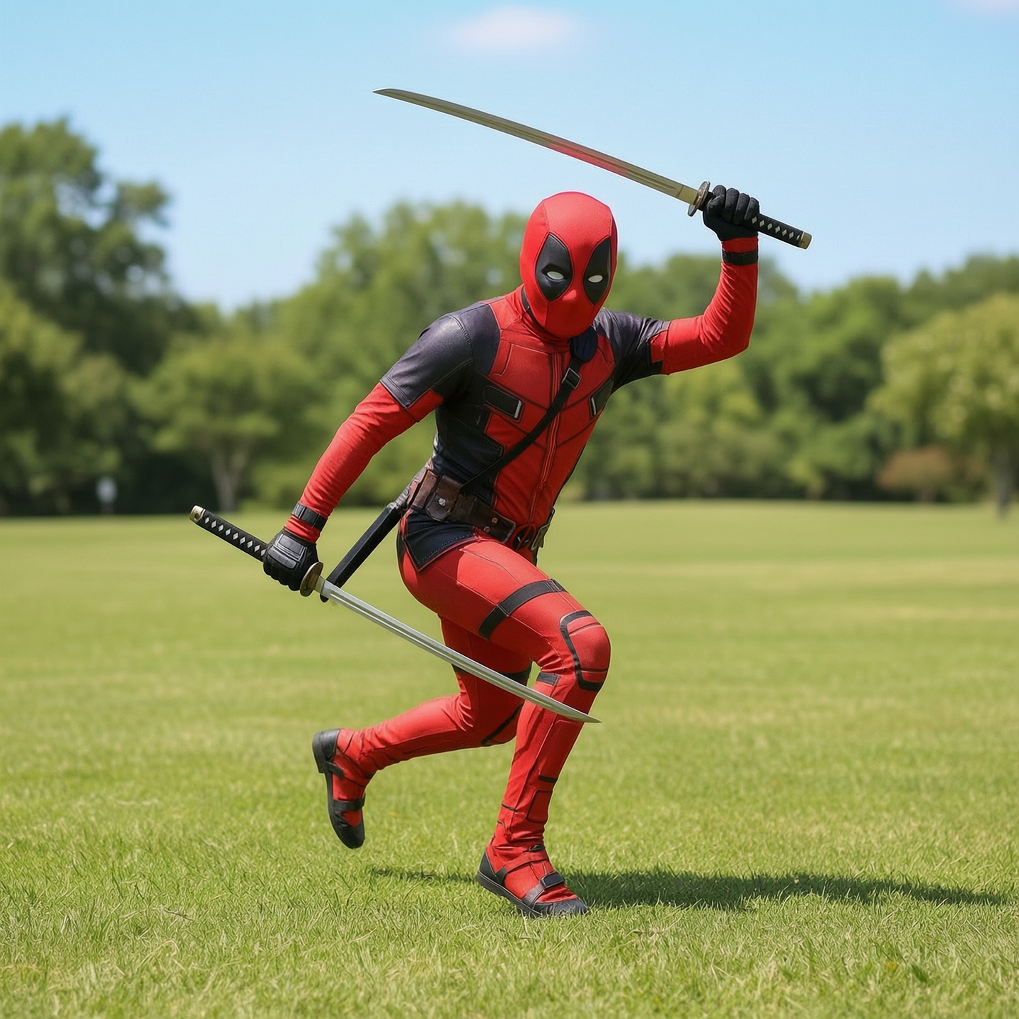 DeadpoolCostume Adult Kids|Full Body Jumpsuit Marvel Cosplay Suit|Halloween Bodysuit with Mask&Belt|Deadpool Outfit Set with Swords Backpack