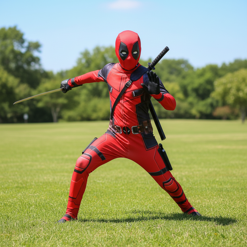 DeadpoolCostume Adult Kids|Full Body Jumpsuit Marvel Cosplay Suit|Halloween Bodysuit with Mask&Belt|Deadpool Outfit Set with Swords Backpack