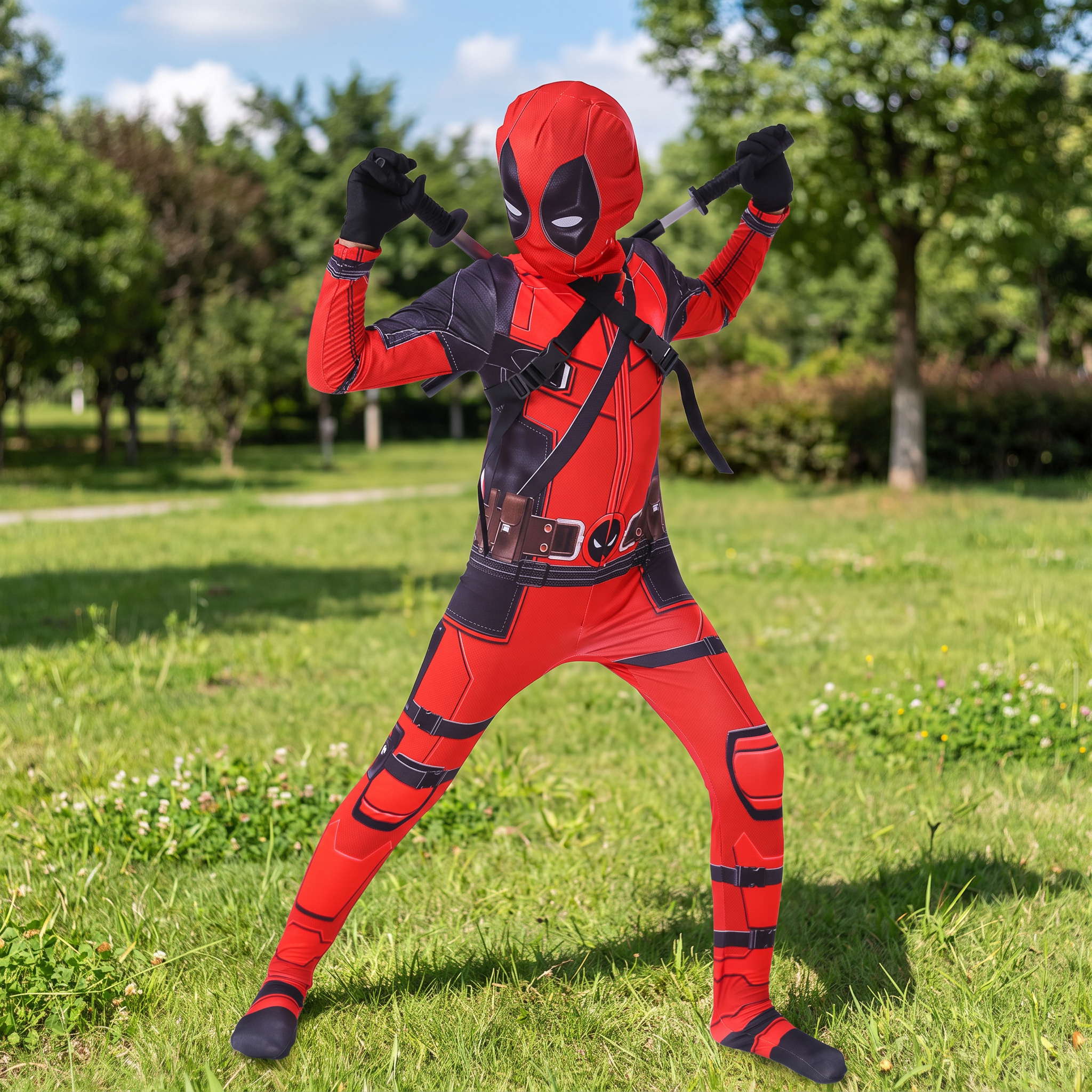DeadpoolCostume Adult Kids|Full Body Jumpsuit Marvel Cosplay Suit|Halloween Bodysuit with Mask&Belt|Deadpool Outfit Set with Swords Backpack