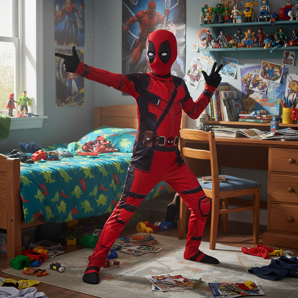DeadpoolCostume Adult Kids|Full Body Jumpsuit Marvel Cosplay Suit|Halloween Bodysuit with Mask&Belt|Deadpool Outfit Set with Swords Backpack