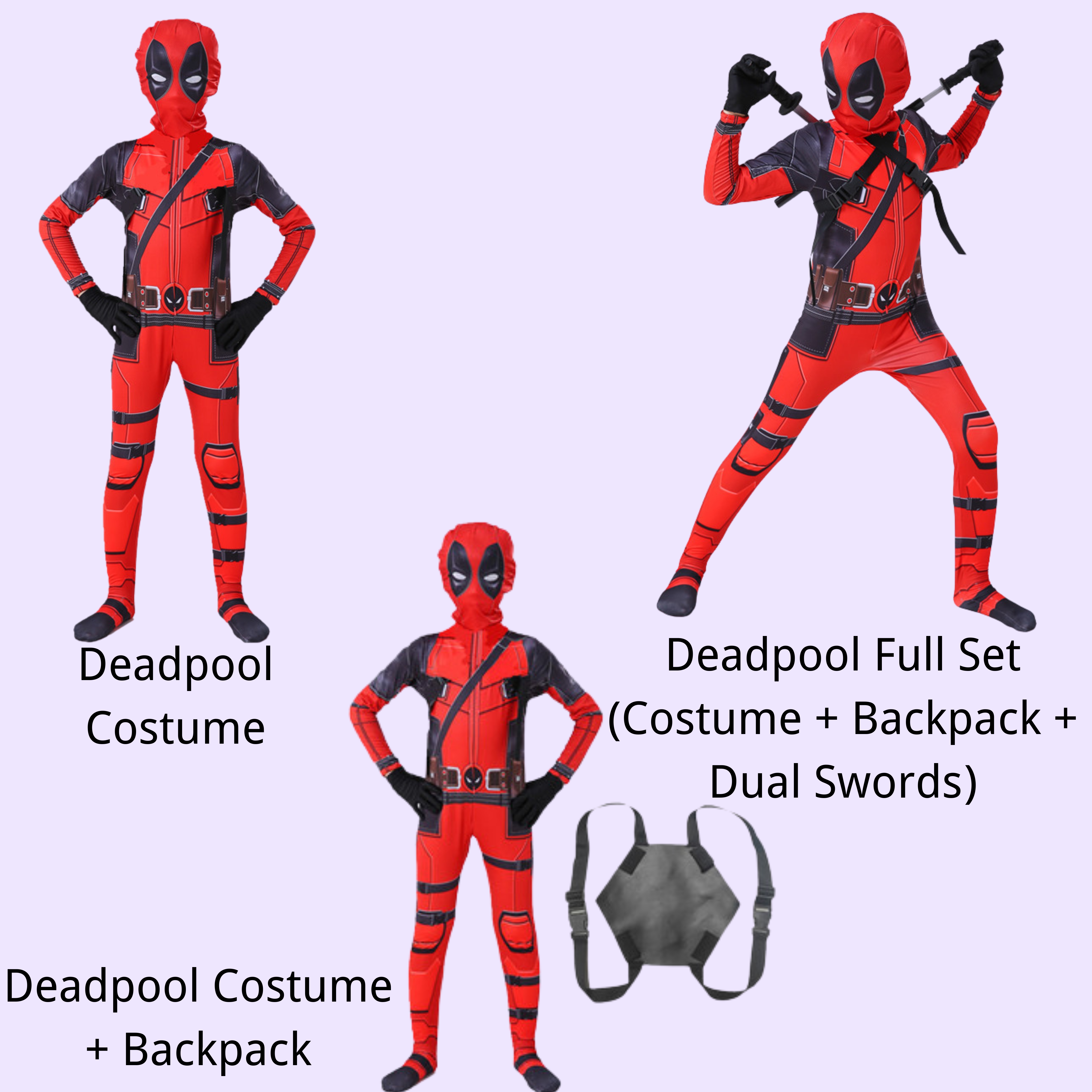 DeadpoolCostume Adult Kids|Full Body Jumpsuit Marvel Cosplay Suit|Halloween Bodysuit with Mask&Belt|Deadpool Outfit Set with Swords Backpack