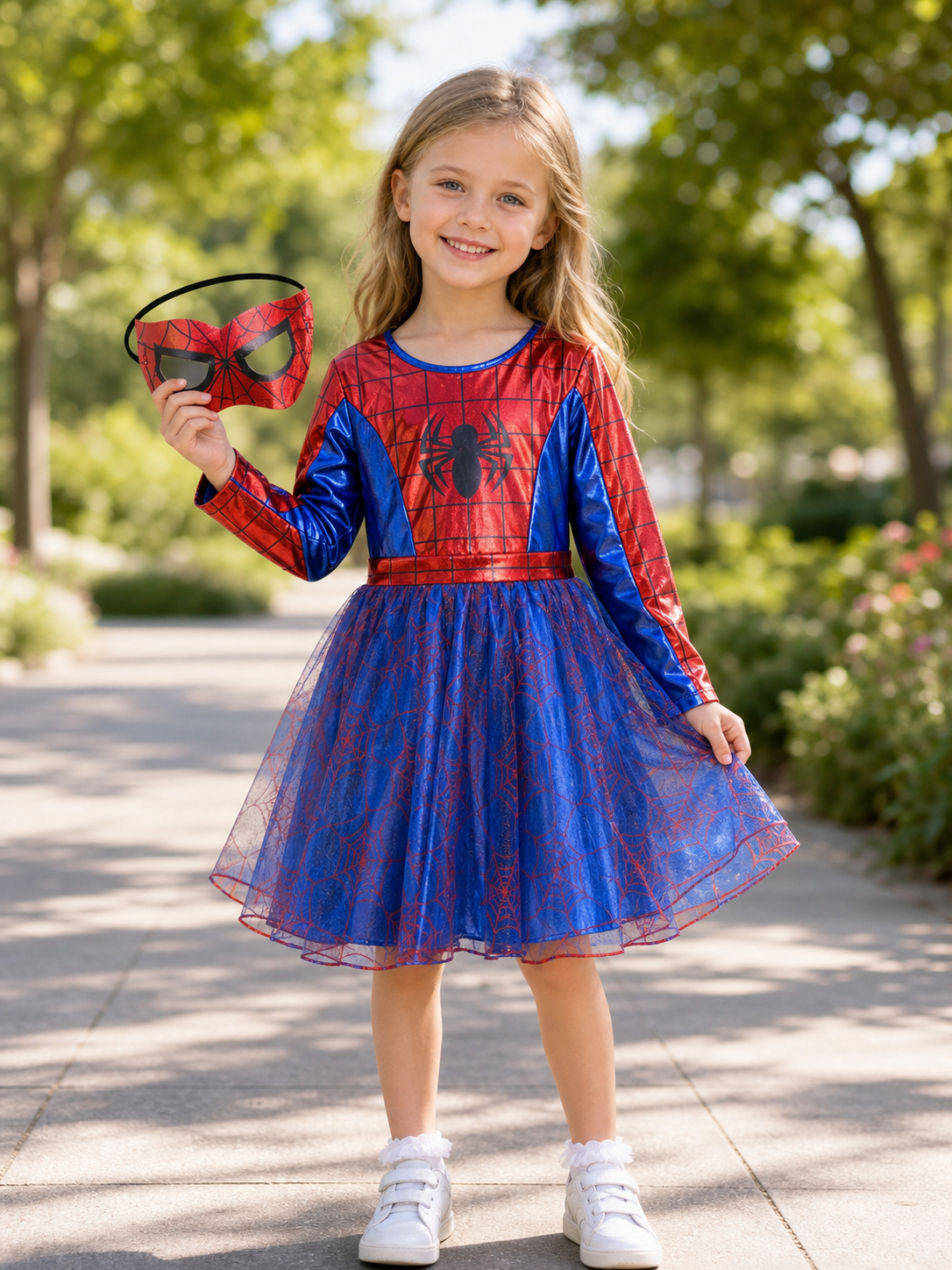 Girls Spider Hero Dress Costume with Mask, Toddler Spider Girl Birthday Party Dress Up, Kids Superhero Halloween Outfit, Long Sleeve Tulle Dress