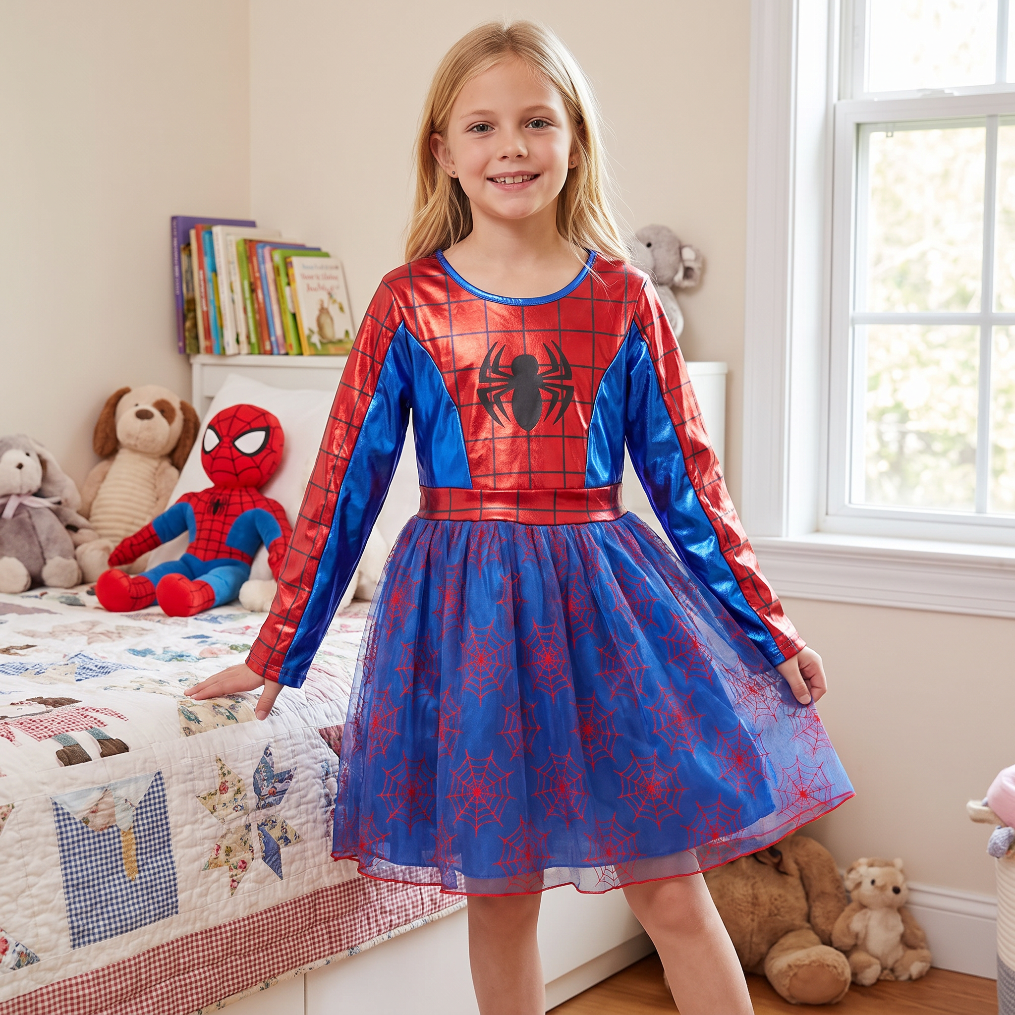 Girls Spider Hero Dress Costume with Mask, Toddler Spider Girl Birthday Party Dress Up, Kids Superhero Halloween Outfit, Long Sleeve Tulle Dress