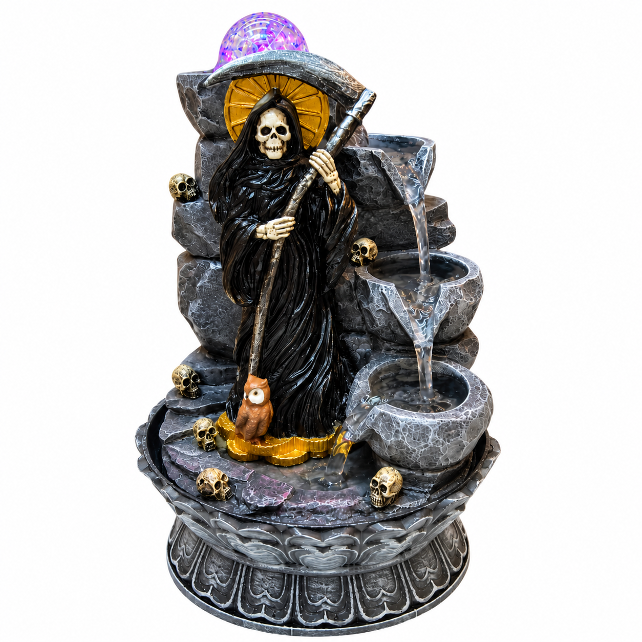 Santa Muerte Water Fountain Figurine - Black Robe (Single-side)