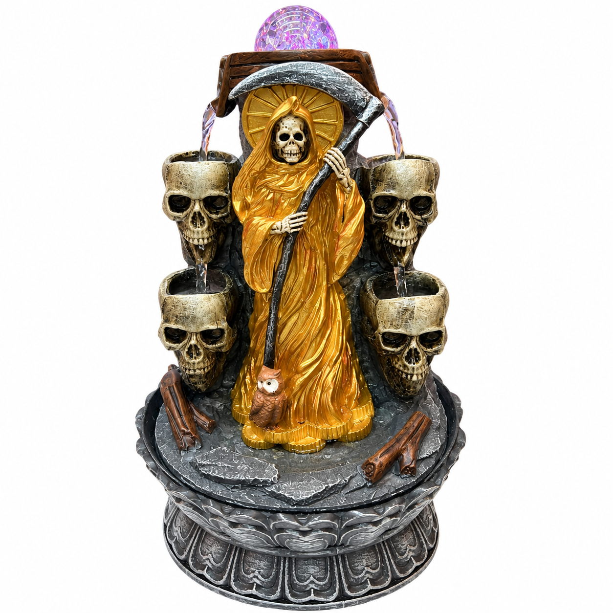 Santa Muerte Water Fountain Figurine - Gold Robe (Double-side)