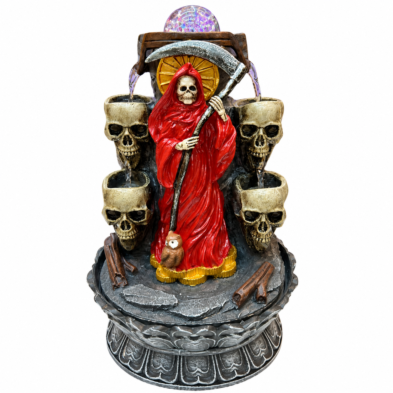 Santa Muerte Water Fountain Figurine - Red Robe (Double-side)