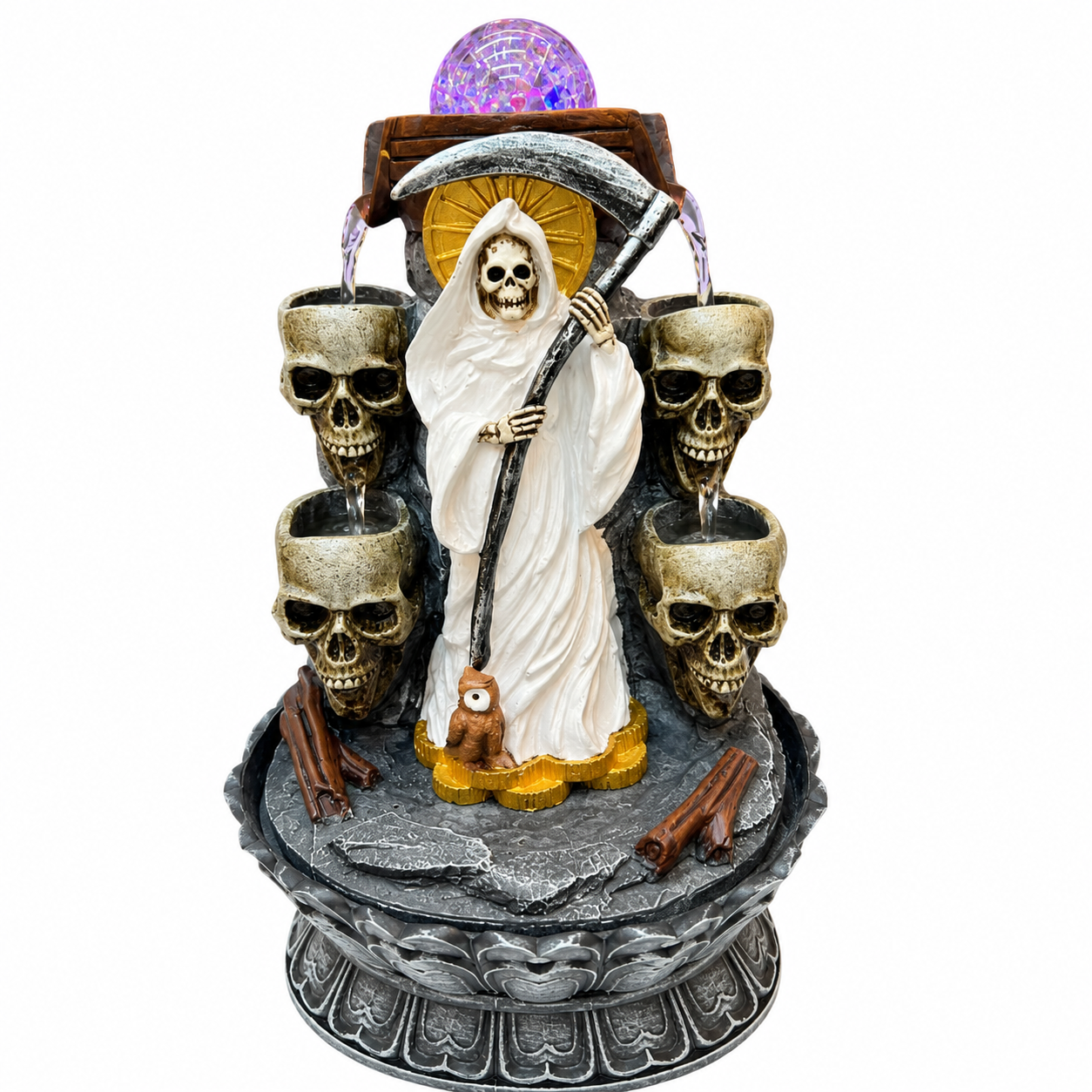 Santa Muerte Water Fountain Figurine - White Robe (Double-side)